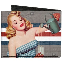 Canvas Bi-Fold Wallet - Pin Up Girl Poses CLOSE-UP Star & Stripes Gray Blue White Red