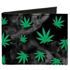 Canvas Bi-Fold Wallet - Pot Leaves Black Smoke Green