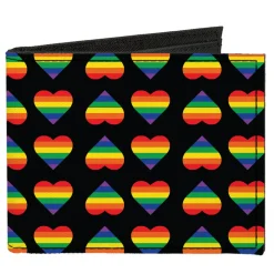 Canvas Bi-Fold Wallet - Rainbow Hearts Flip Black Multi Color