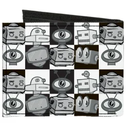 Canvas Bi-Fold Wallet - Robot Heads Checkers Black White
