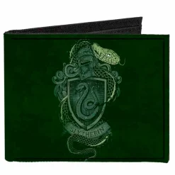 Canvas Bi-Fold Wallet - SLYTHERIN Serpent Crest + AMBITION PRIDE CUNNING Banner Greens Golds
