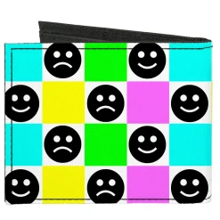 Canvas Bi-Fold Wallet - Smiley Sad Face Checker Multi Color/White