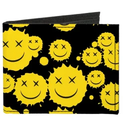 Canvas Bi-Fold Wallet - Smiley Face Splatter Scattered Black/Yellow