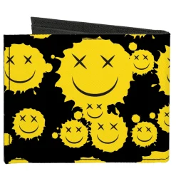 Canvas Bi-Fold Wallet - Smiley Face Splatter Scattered Black/Yellow