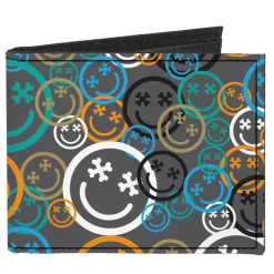 Canvas Bi-Fold Wallet - Smiley Face Crossbones Stacked Gray/Multi Color