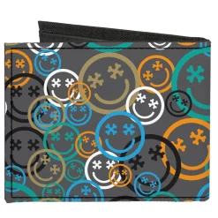 Canvas Bi-Fold Wallet - Smiley Face Crossbones Stacked Gray/Multi Color