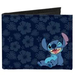 Canvas Bi-Fold Wallet - Stitch Winking Pose Tropical Flora Blues