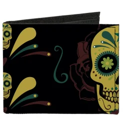 Canvas Bi-Fold Wallet - Sugar Skulls Black Olive Burgundy
