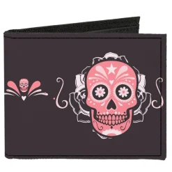 Canvas Bi-Fold Wallet - Sugar Skulls Gray Pink