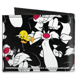 Canvas Bi-Fold Wallet - Sylvester and Tweety Poses Scattered Black