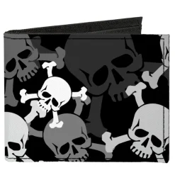 Canvas Bi-Fold Wallet - Top Skulls Stacked Black Gray White
