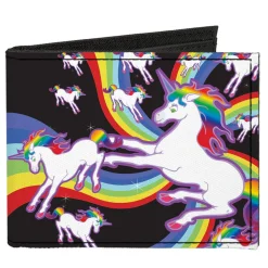 Canvas Bi-Fold Wallet - Unicorns Rainbow Swirl Black