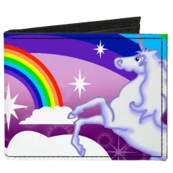 Canvas Bi-Fold Wallet - Unicorns in Rainbows w Sparkles Purple