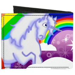Canvas Bi-Fold Wallet - Unicorns in Rainbows w Sparkles Purple