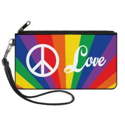 Canvas Zipper Wallet - LARGE - PEACE and LOVE Rainbow Rays Multi Color White
