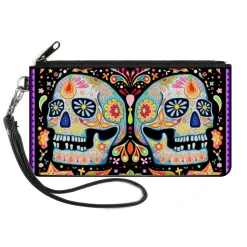 Canvas Zipper Wallet - LARGE - Twin Calaveras Floral Collage Black Multi Color