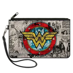 Canvas Zipper Wallet - LARGE - Wonder Woman Logo Comic Scenes Grays Blue Red Yellow