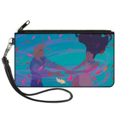 Canvas Zipper Wallet - LARGE - Pocahontas & John Smith Colors of the Wind Pose Leaves Blues Pinks