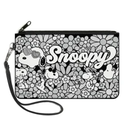 Canvas Zipper Wallet - LARGE - Snoopy Poses and Daisy Flowers Collage Black/Grays/White