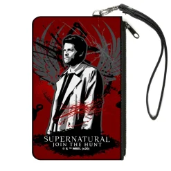 Canvas Zipper Wallet - LARGE - Supernatural Castiel Angel Wings Pose Reds Grays Black