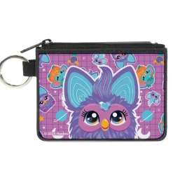 Canvas Zipper Wallet - MINI X-SMALL - Furby Purple Excited Furby Pose and Icons Grid Collage Pink/Purple