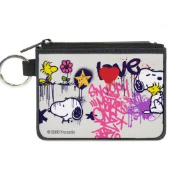 Canvas Zipper Wallet - MINI X-SMALL - Peanuts Snoopy and Woodstock Graffiti Collage White/Multi Color