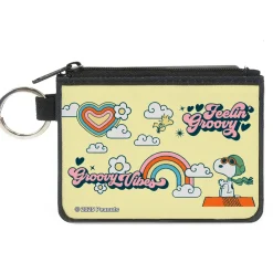 Canvas Zipper Wallet - MINI X-SMALL - Peanuts Snoopy Flying Ace and Woodstock GROOVY Quotes Collage Yellow