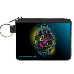 Canvas Zipper Wallet - MINI X-SMALL - Harry Potter Hogwarts Crest Black Yellow Aqua Fade Multi Neon
