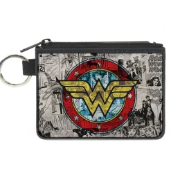 Canvas Zipper Wallet - MINI X-SMALL - Wonder Woman Logo/Comic Scenes Grays/Blue/Red/Yellow