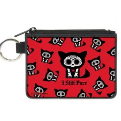 Canvas Zipper Wallet - MINI X-SMALL - Skelanimals Kit the Cat I STILL PURR Pose Red/Black/White