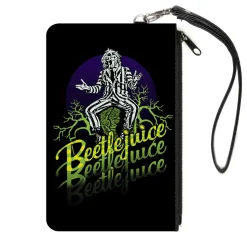 Canvas Zipper Wallet - SMALL - BEETLEJUICE Sitting on Tombstone Pose Trees Black Purple Green Yellow