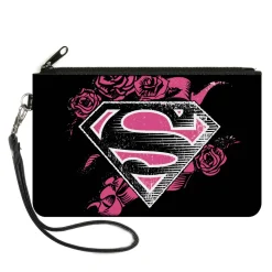 Canvas Zipper Wallet - SMALL - Superman Shield4/Roses Weathered Black/White/Pinks