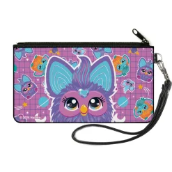 Canvas Zipper Wallet - SMALL - Furby Purple Excited Furby Pose and Icons Grid Collage Pink/Purple