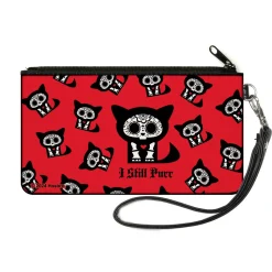 Canvas Zipper Wallet - SMALL - Skelanimals Kit the Cat I STILL PURR Pose Red/Black/White