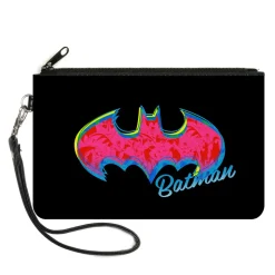 Canvas Zipper Wallet - SMALL - BATMAN Icon Batman Pose Fill Black Yellows Blues Pinks