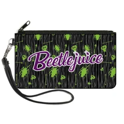 Canvas Zipper Wallet - SMALL - BEETLEJUICE Roach Skull Doodles Collage Black Gray Green Purple