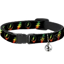 Cat Collar Breakaway - Steal Your Face w Lightning Bolt Repeat Black Rasta