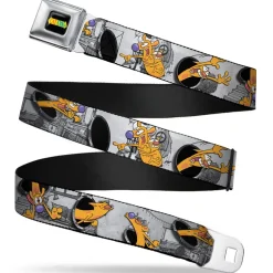 CAT DOG Logo Full Color Black/Yellow/Red/Blue Seatbelt Belt - CatDog House Poses Grays Webbing