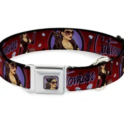CATWOMAN Bombshell Face CLOSE-UP Red Seatbelt Buckle Collar - CATWOMAN Bombshell Pose/Diamonds Red/Purple/Black