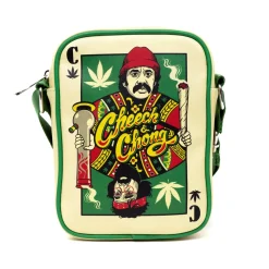 Cheech & Chong Vegan Leather Cross Body Backpack for Men and Women with Adjustable Strap, C of Weeds Playing Card Replica, Green