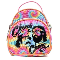 Cheech & Chong Vegan Leather Cross Body Backpack for Men and Women with Adjustable Strap, Faces Debossed Multi Color Tie Dye, Multicolor
