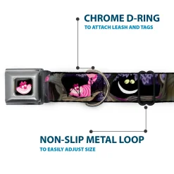 Cheshire Cat Face Full Color Black Seatbelt Buckle Collar - Alice & the Cheshire Cat Scenes
