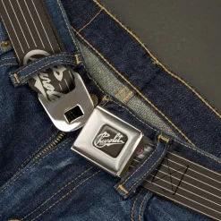 CHEVROLET Heritage Script Full Color Charcoal Tan Seatbelt Belt - CHEVROLET Heritage Script/Stripe Charcoal/Tan Webbing