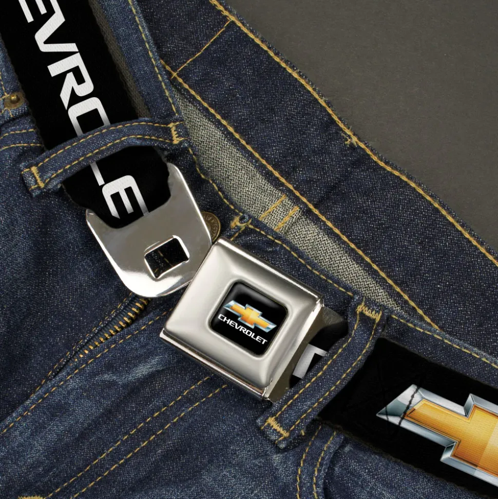 Chevy Bowtie Full Color Black Gold Seatbelt Belt - Chevy Bowtie Black/Gold Logo REPEAT Webbing