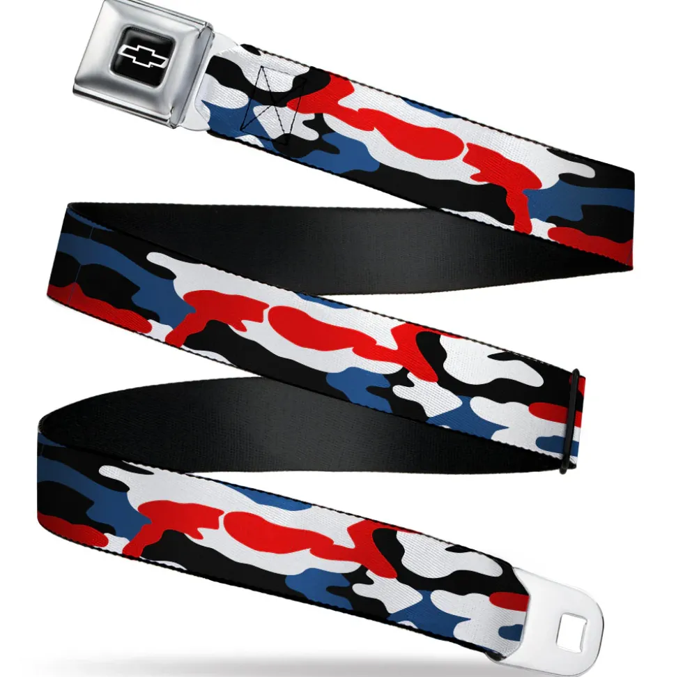 Chevy Bowtie Full Color Black/White Seatbelt Belt - Chevy Americana Camo Red/White/Blue/Black Webbing