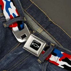 Chevy Bowtie Full Color Black/White Seatbelt Belt - Chevy Americana Camo Red/White/Blue/Black Webbing