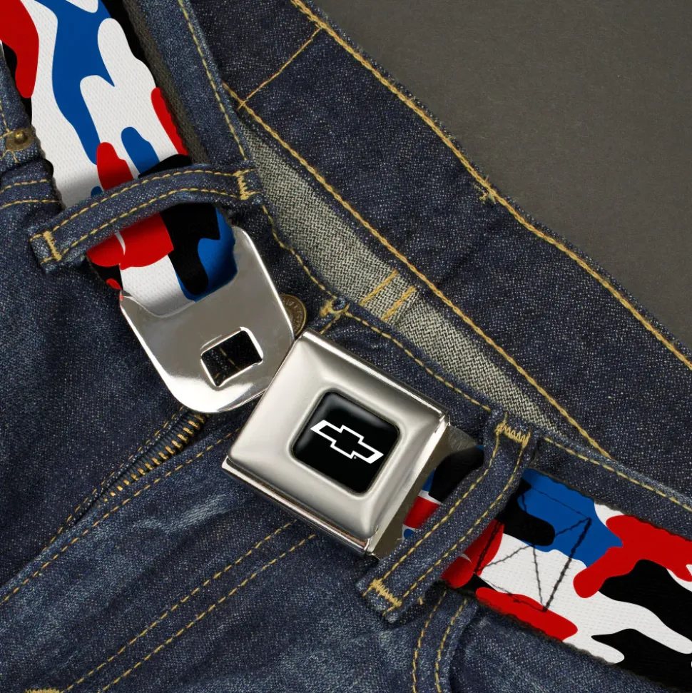 Chevy Bowtie Full Color Black/White Seatbelt Belt - Chevy Americana Camo Red/White/Blue/Black Webbing