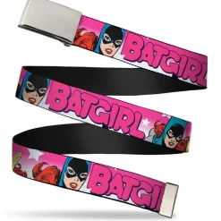 Chrome Buckle Web Belt - BATGIRL Bubble Letters w/Stars Pink/White Webbing