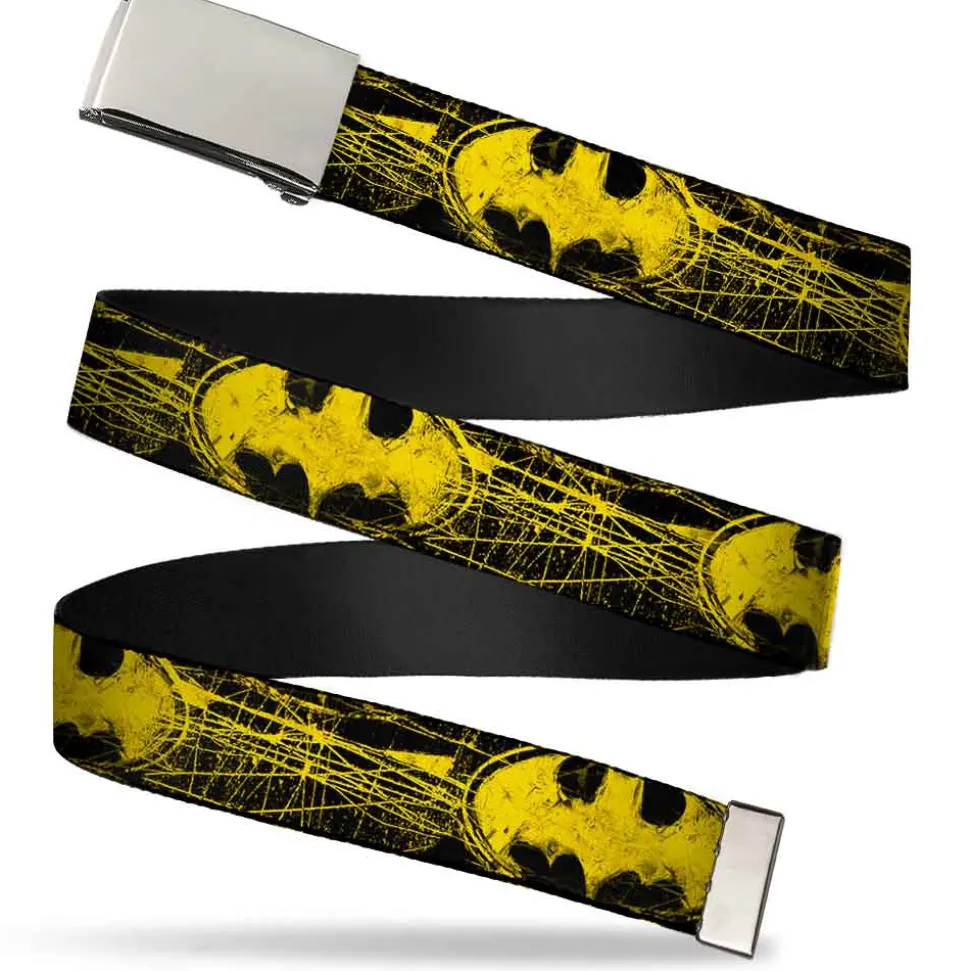 Chrome Buckle Web Belt - Batman Shield CLOSE-UP Sketch Black/Yellow Webbing