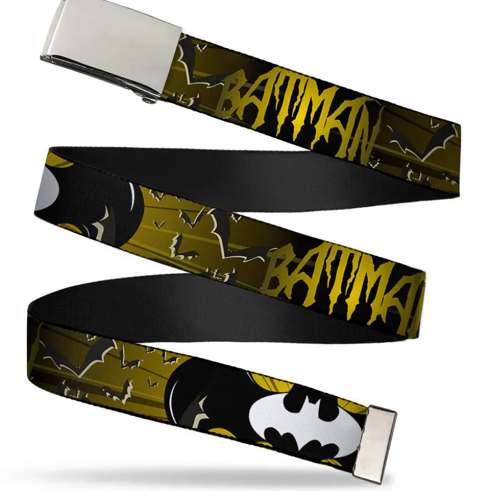 Chrome Buckle Web Belt - BATMAN w/Bat Signals & Flying Bats Yellow/Black/White Webbing